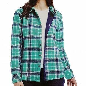 Orvis Fleece Lined Plaid Flannel Shirt Jacket Sea Glass Snaps Pockets sz S